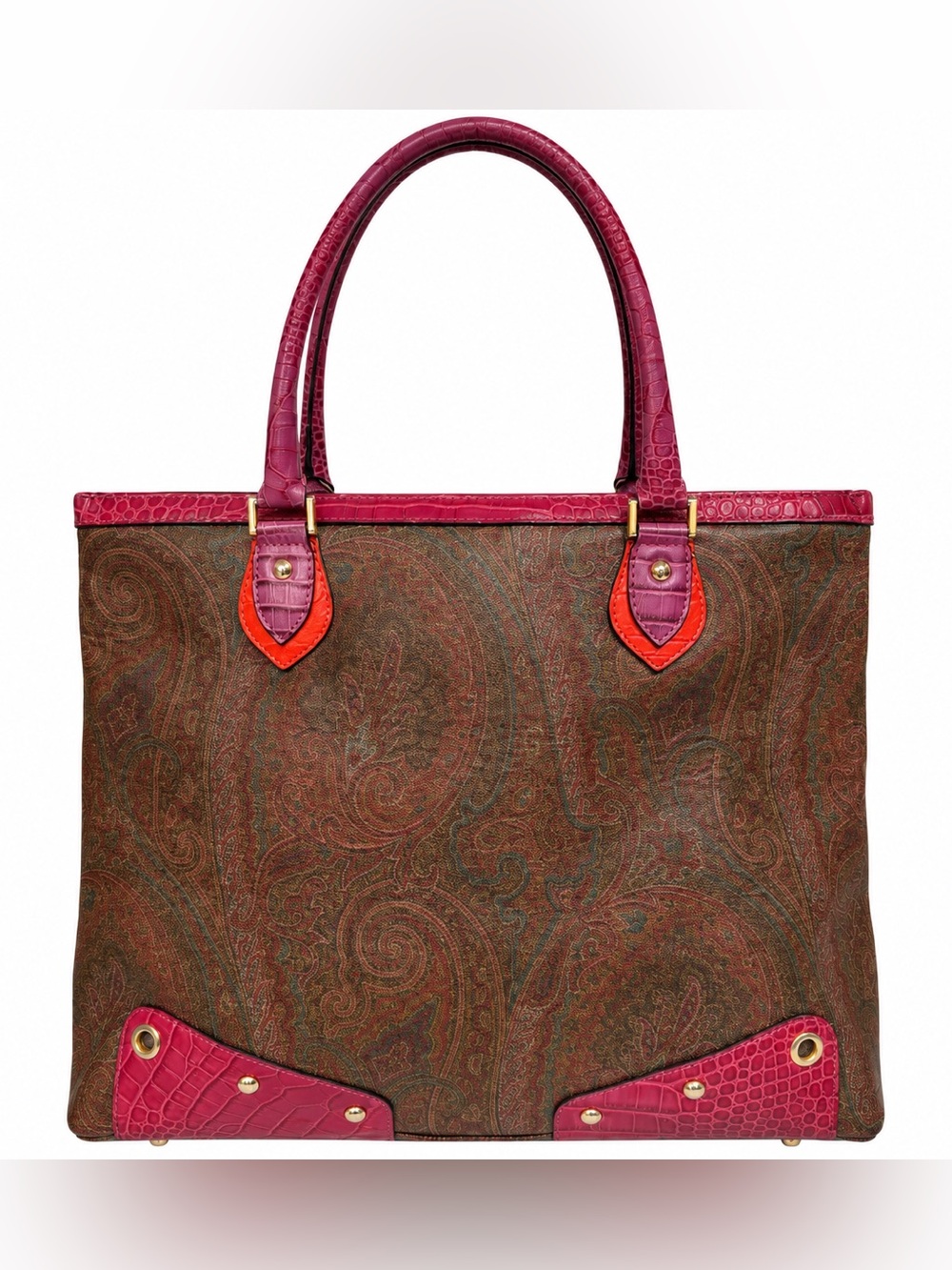 Etro Paisley Tote Bag Brown Pink Croc Embossed Leather Trim Shopper